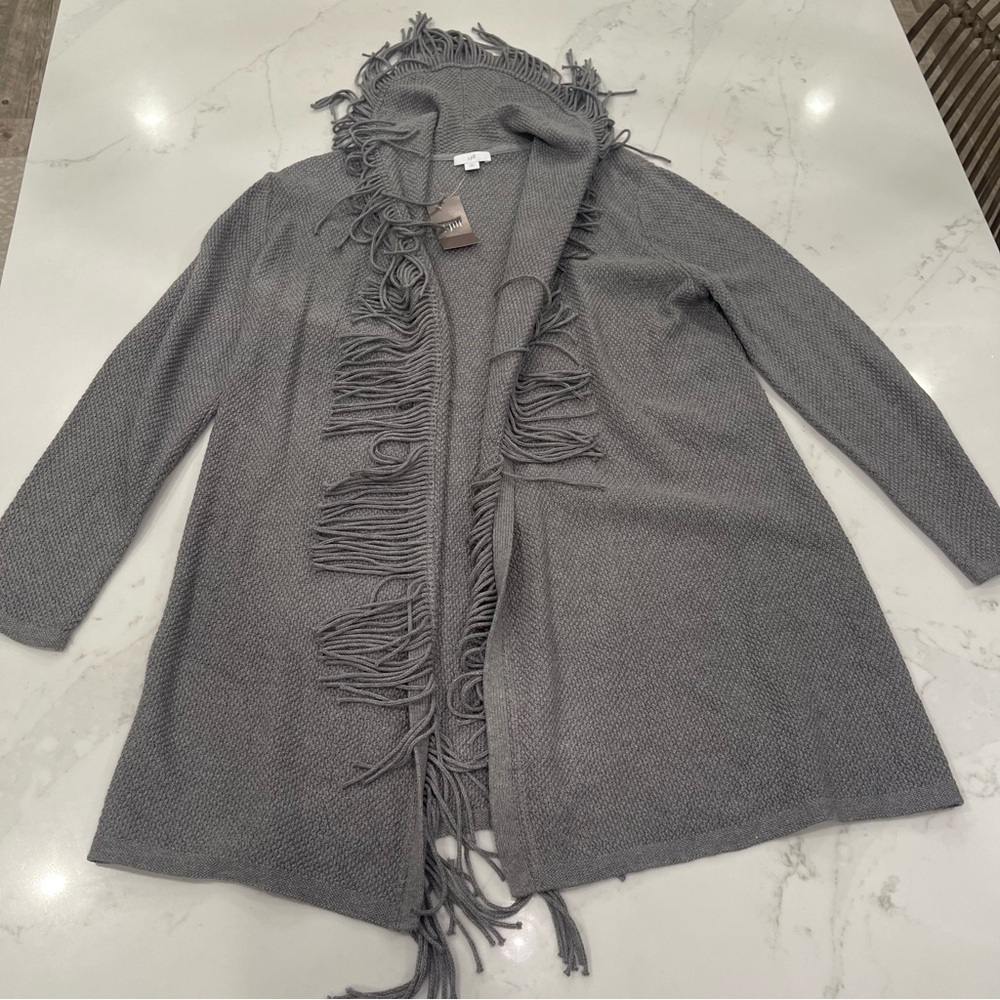 NWT J.Jill dark grey fringe long sleeve hooded duster - Picture 3 of 13